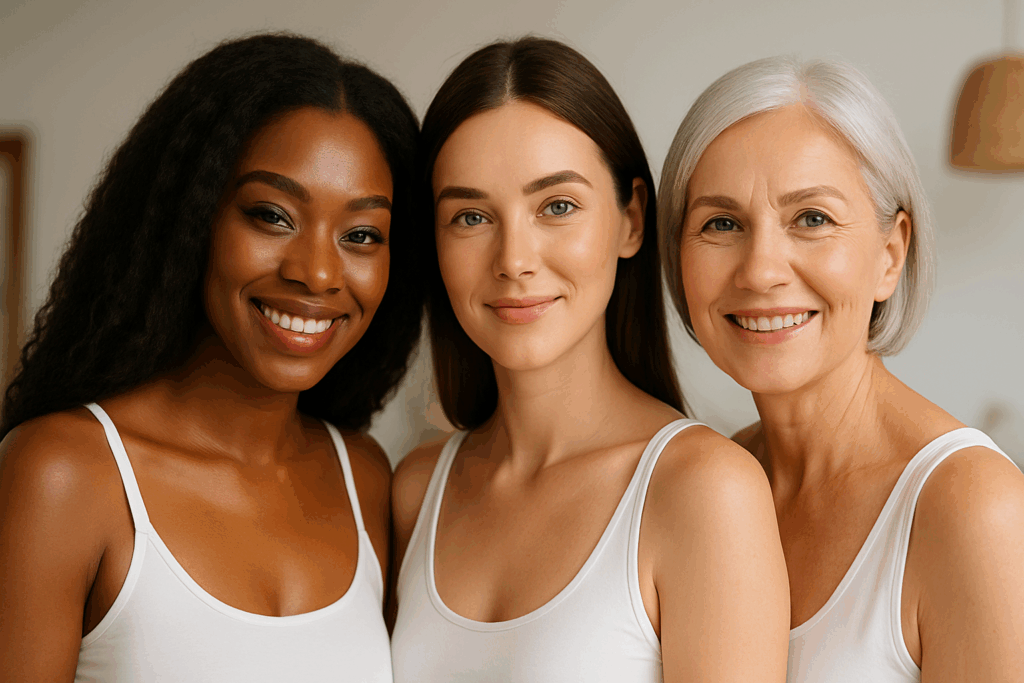 Três mulheres de diferentes idades e etnias sorrindo lado a lado em um ambiente iluminado, usando regatas brancas e com pele e cabelos visivelmente saudáveis.