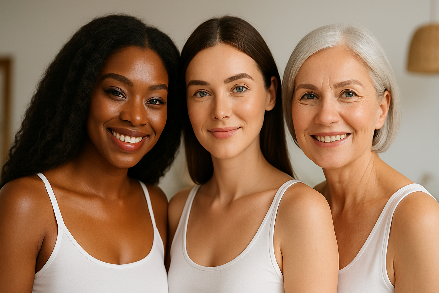 Três mulheres de diferentes idades e etnias sorrindo lado a lado em um ambiente iluminado, usando regatas brancas e com pele e cabelos visivelmente saudáveis.