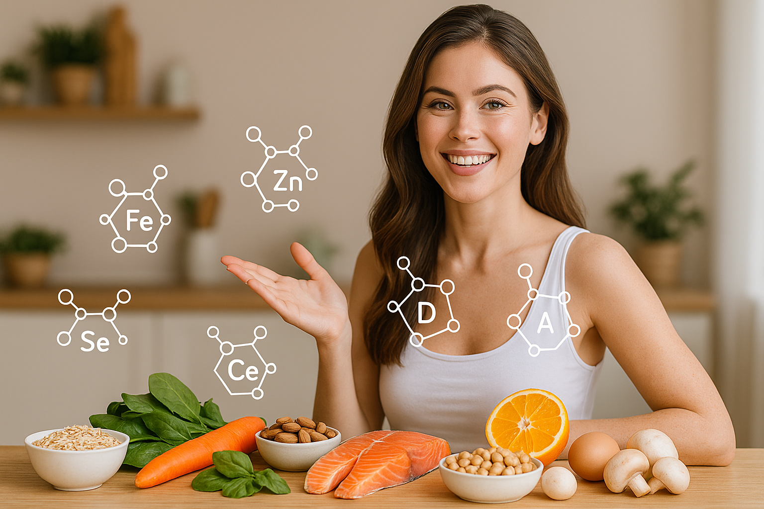Mulher sorridente em uma cozinha apresentando alimentos saudáveis sobre a mesa, com ícones de moléculas representando nutrientes como ferro, zinco, selênio, vitamina A, D e C.