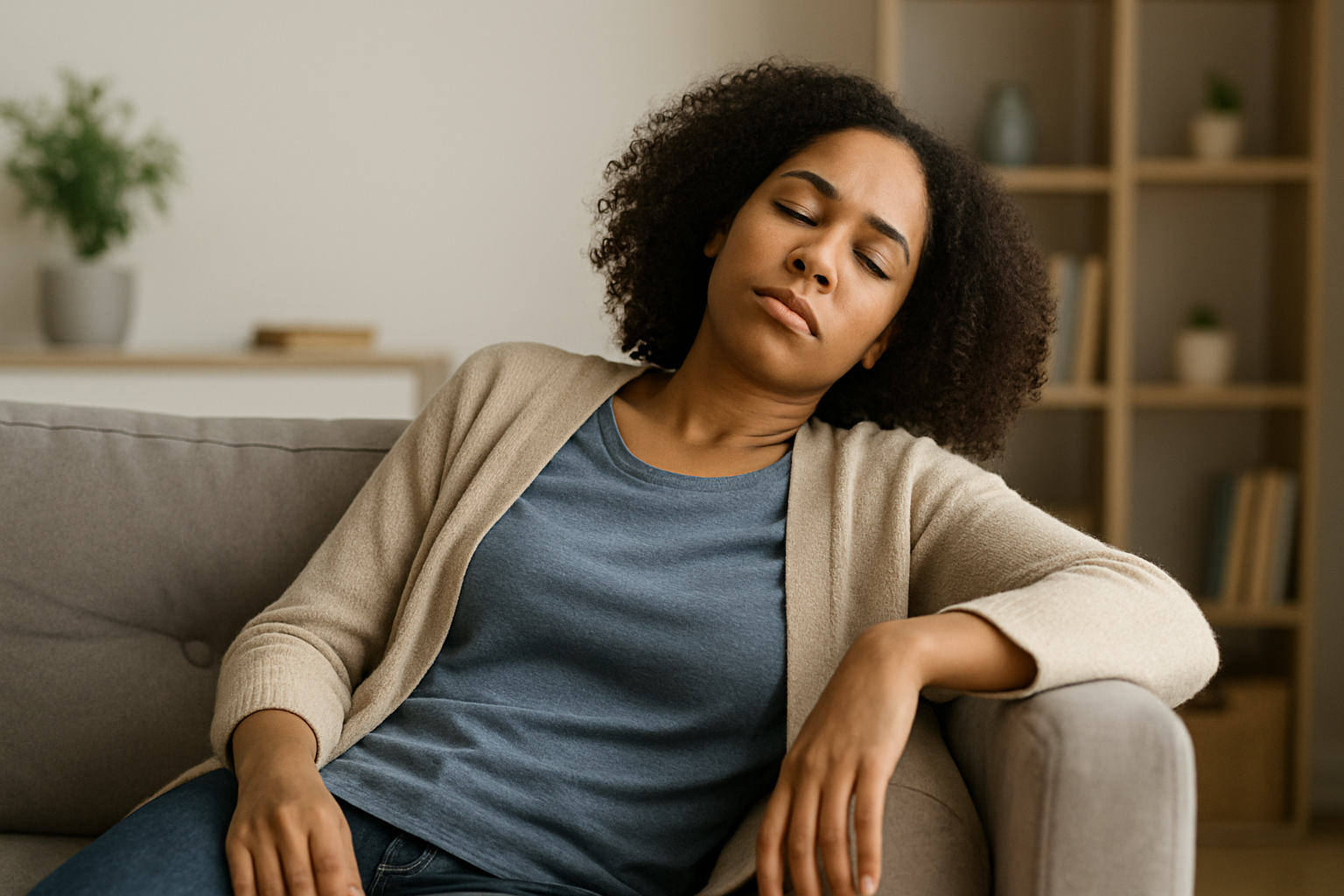 Mulher jovem recostada no sofá com expressão de cansaço, simbolizando fadiga persistente mesmo após o descanso.