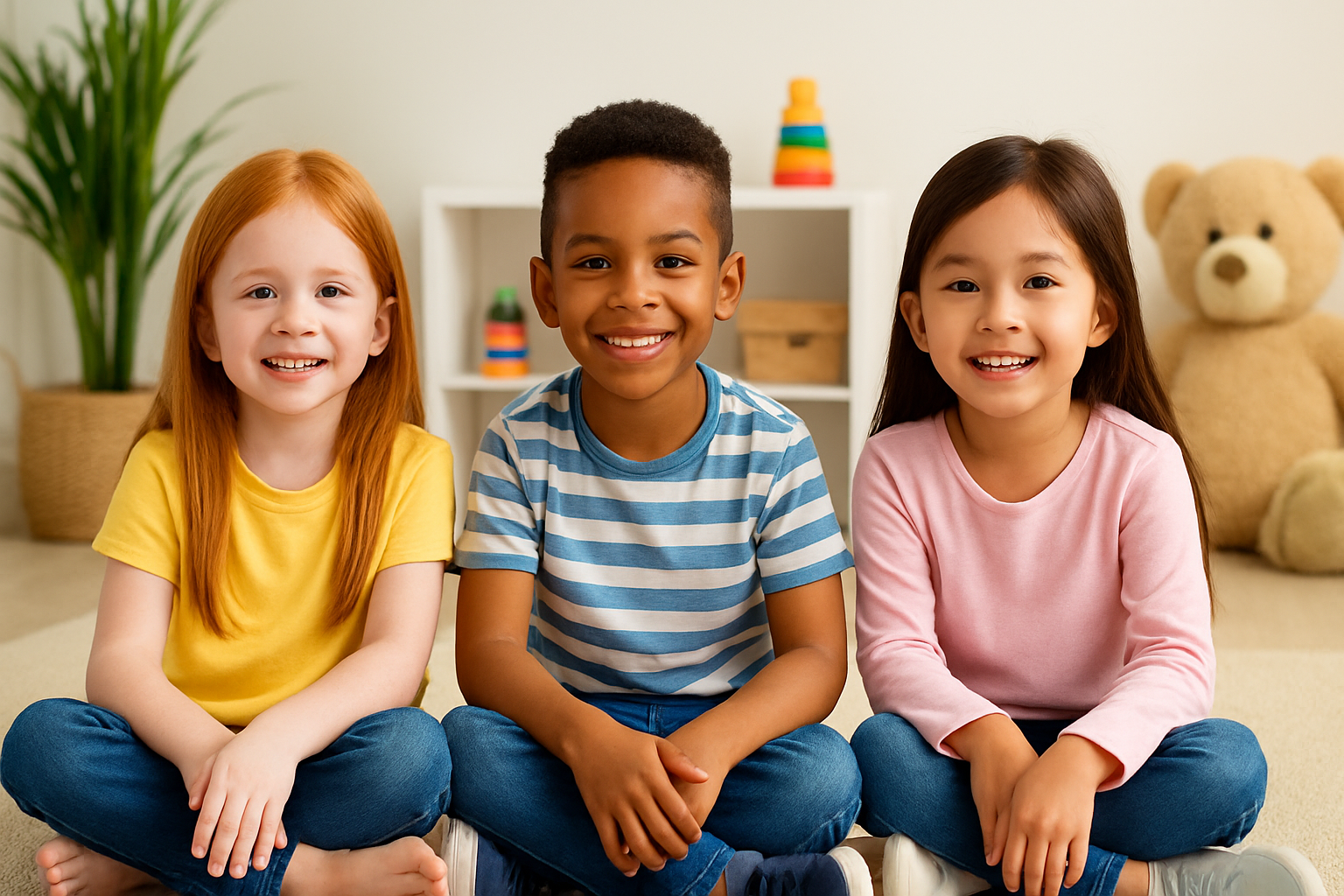 Três crianças de diferentes etnias sentadas sorrindo em ambiente lúdico, simbolizando bem-estar e imunidade infantil saudável.